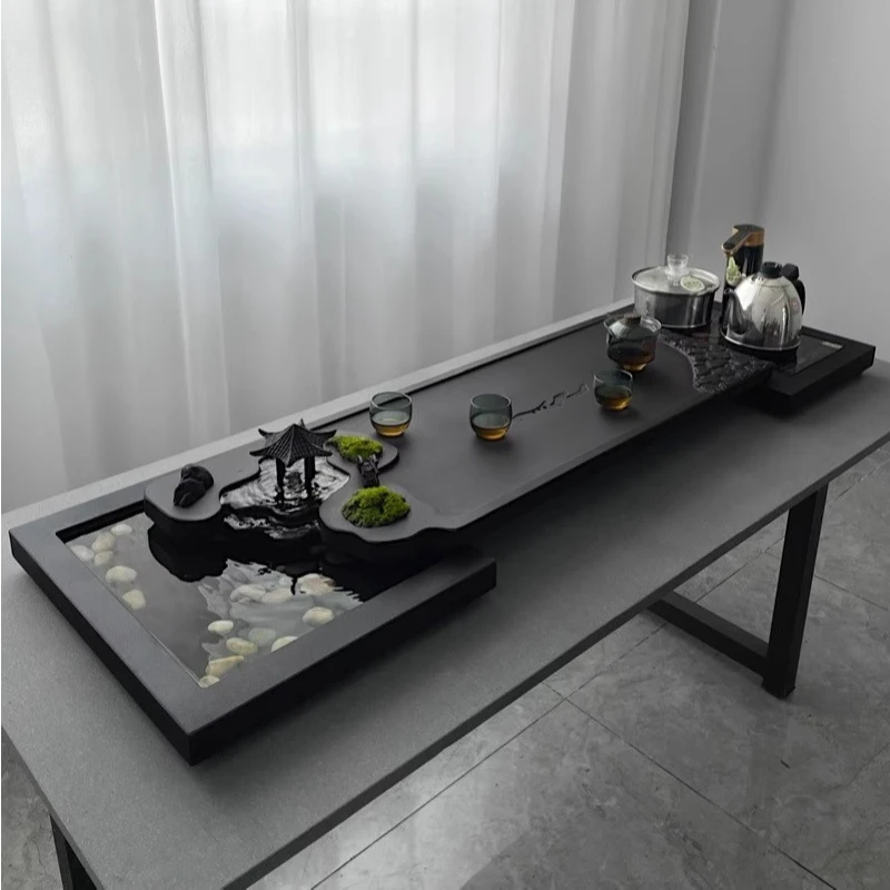 创意乌金石茶盘家用桌面石板功夫茶具茶台流水养鱼茶海黑金石茶几