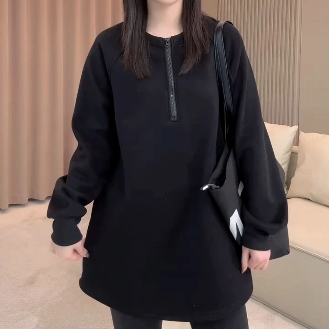 冬季爆款拉链圆领长袖中长款休闲风女卫衣加绒时尚纯色净版打底