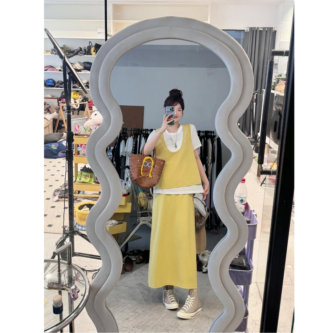 晶咕【慢调生活】圆领短袖+大U领宽松背心马甲+全松紧A字半身裙