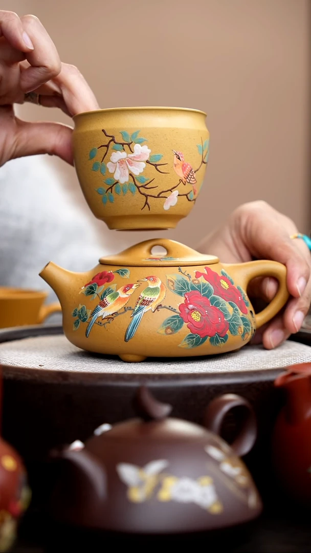 茶壶紫砂黄金段景舟石瓢泥绘大红花+杯