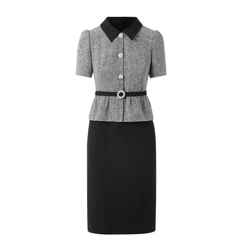 【莱】25年夏季新款女装黑灰拼色小香风假两件连衣裙-LY805B11