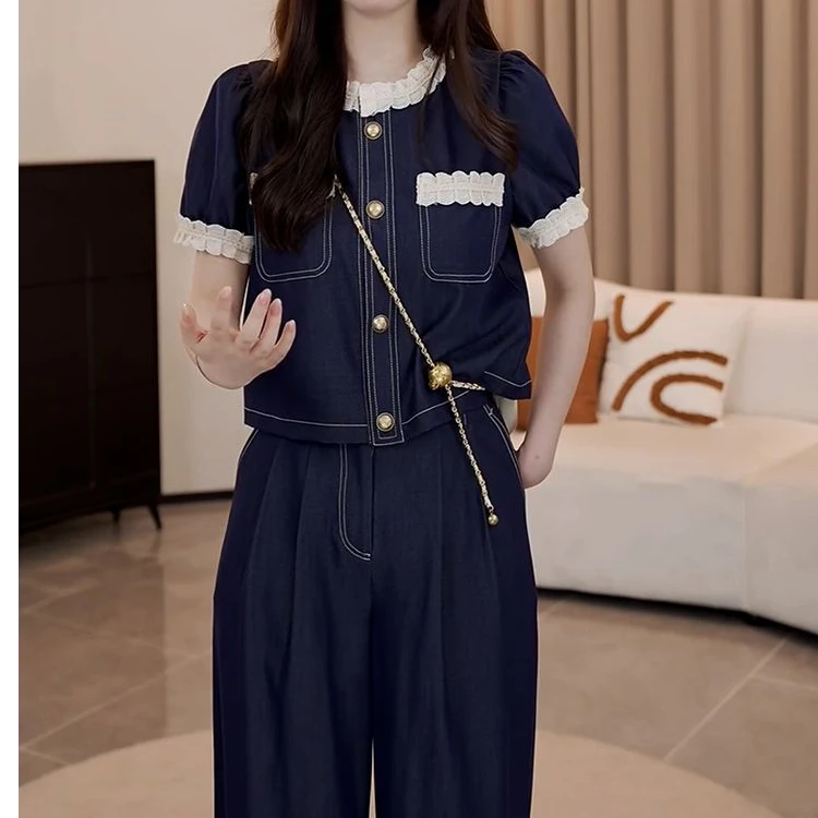 显瘦时尚2025夏薄款洋气套装设计感拼接花边短袖上衣阔腿裤两件套