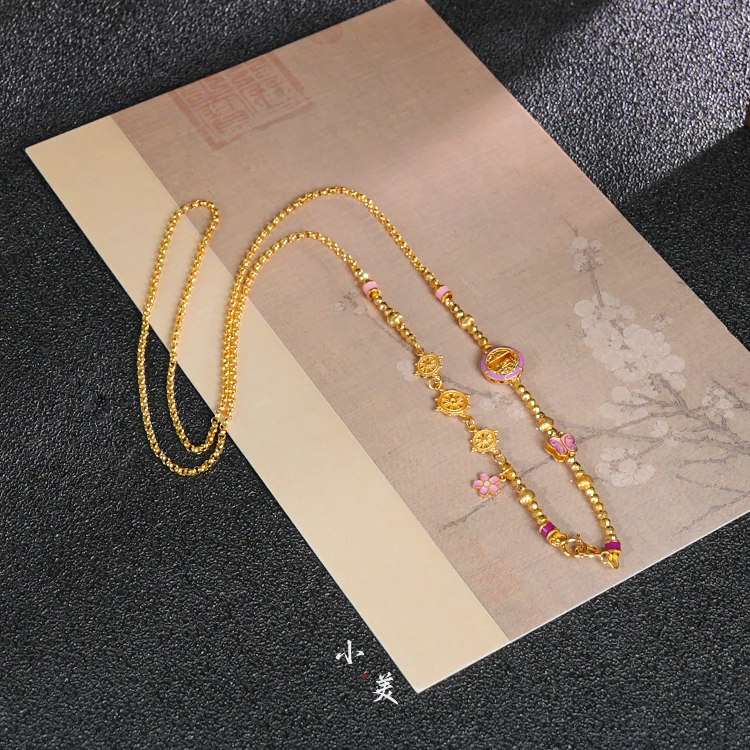 花漾・18K金烧蓝蝴蝶金珠项链  G80277