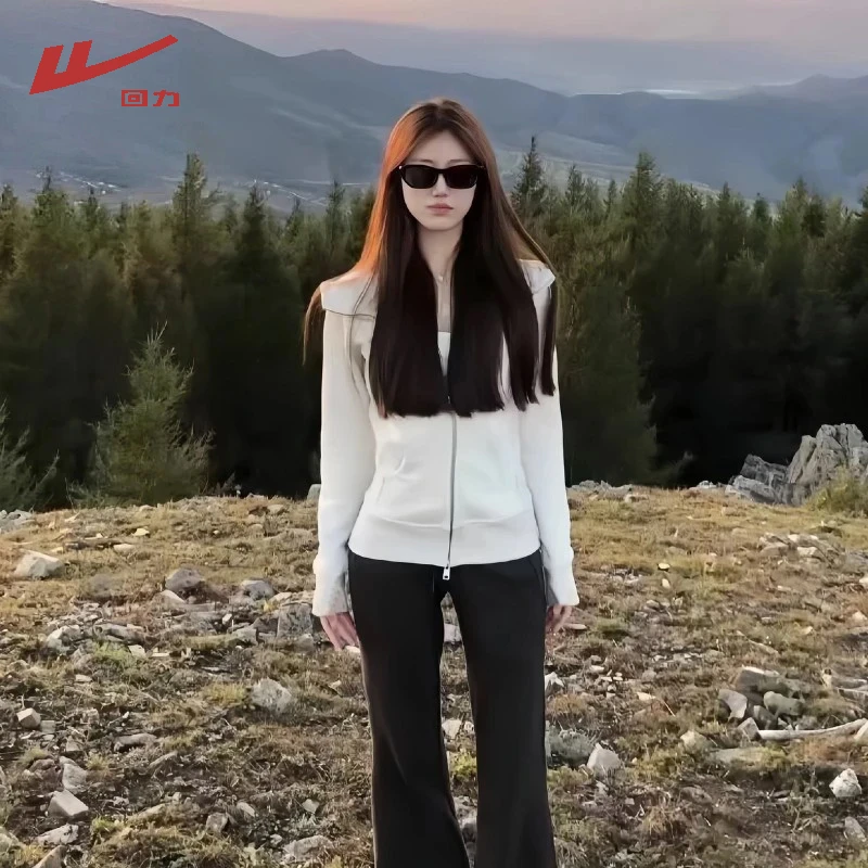 回力2025秋季灰色系慵懒纯欲风女装上衣连帽卫衣修身运动外套女