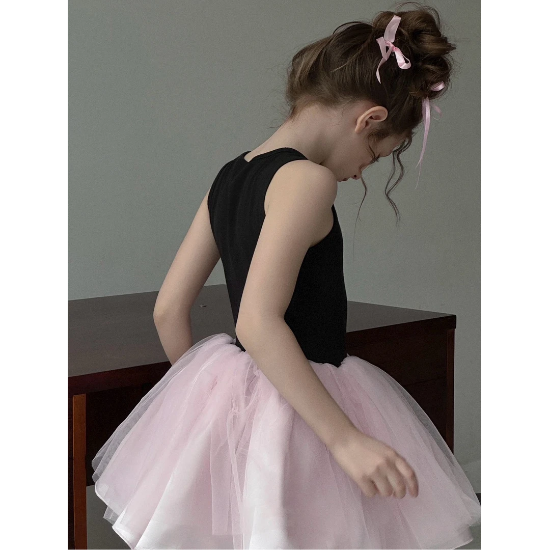 现货女童夏芭蕾风舞蹈裙黑粉撞色无袖连衣裙纱裙女孩公主裙
