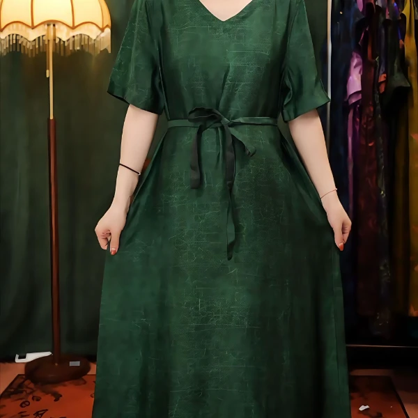 绿龟双面老料大V字领长款连衣裙