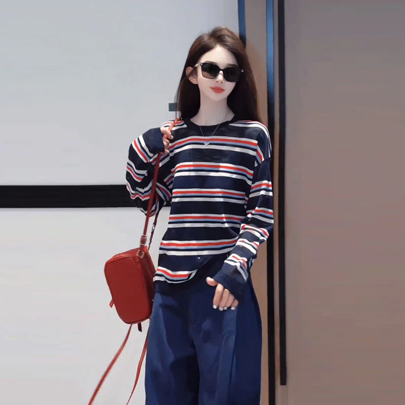 条纹长袖t恤防晒衫冰丝针织衫女夏罩衫宽松复古慵懒风拼色上衣ins