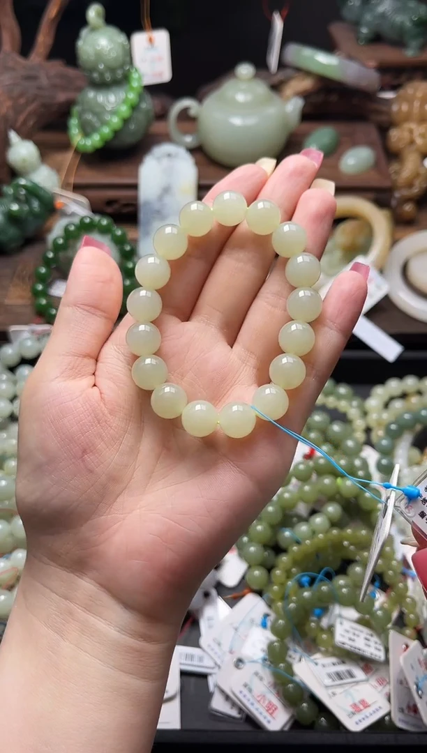 手串未镶嵌和田玉卡12青海青白圆珠9010457
