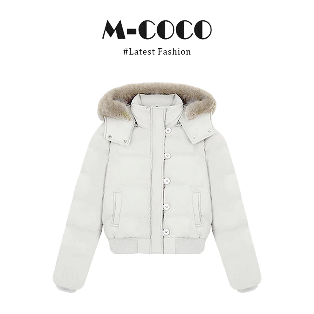 MARIE.COCO韩系白色毛领连帽棉服外套女加厚保暖立领短款棉衣上衣