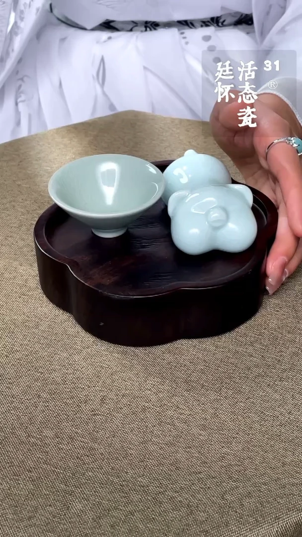 摆件瓷廷怀窑玉青嘟嘟猪茶宠赠送卵青小斗笠杯