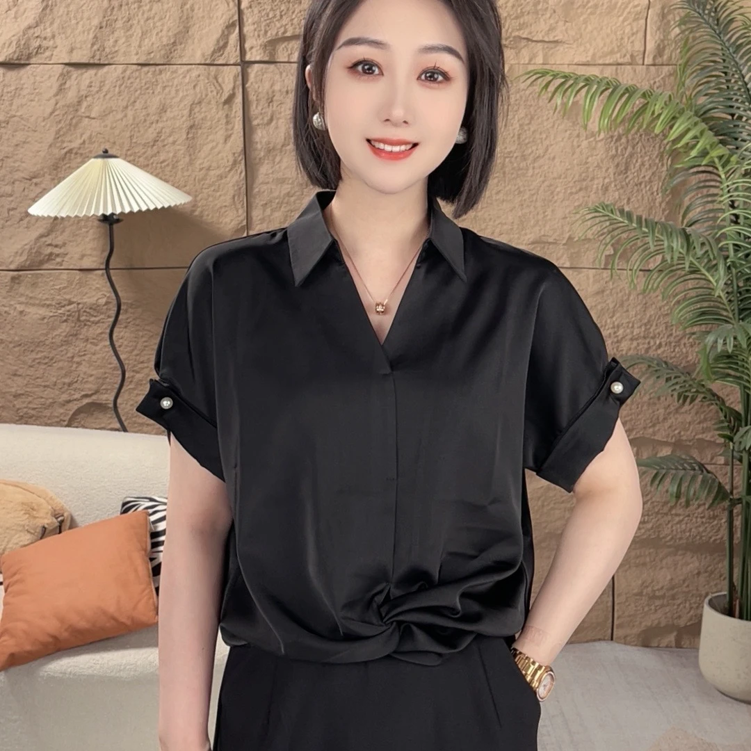 2025夏季新款华尔缎不皱丝滑冰感洋气显瘦V领时尚衬衫短袖上衣