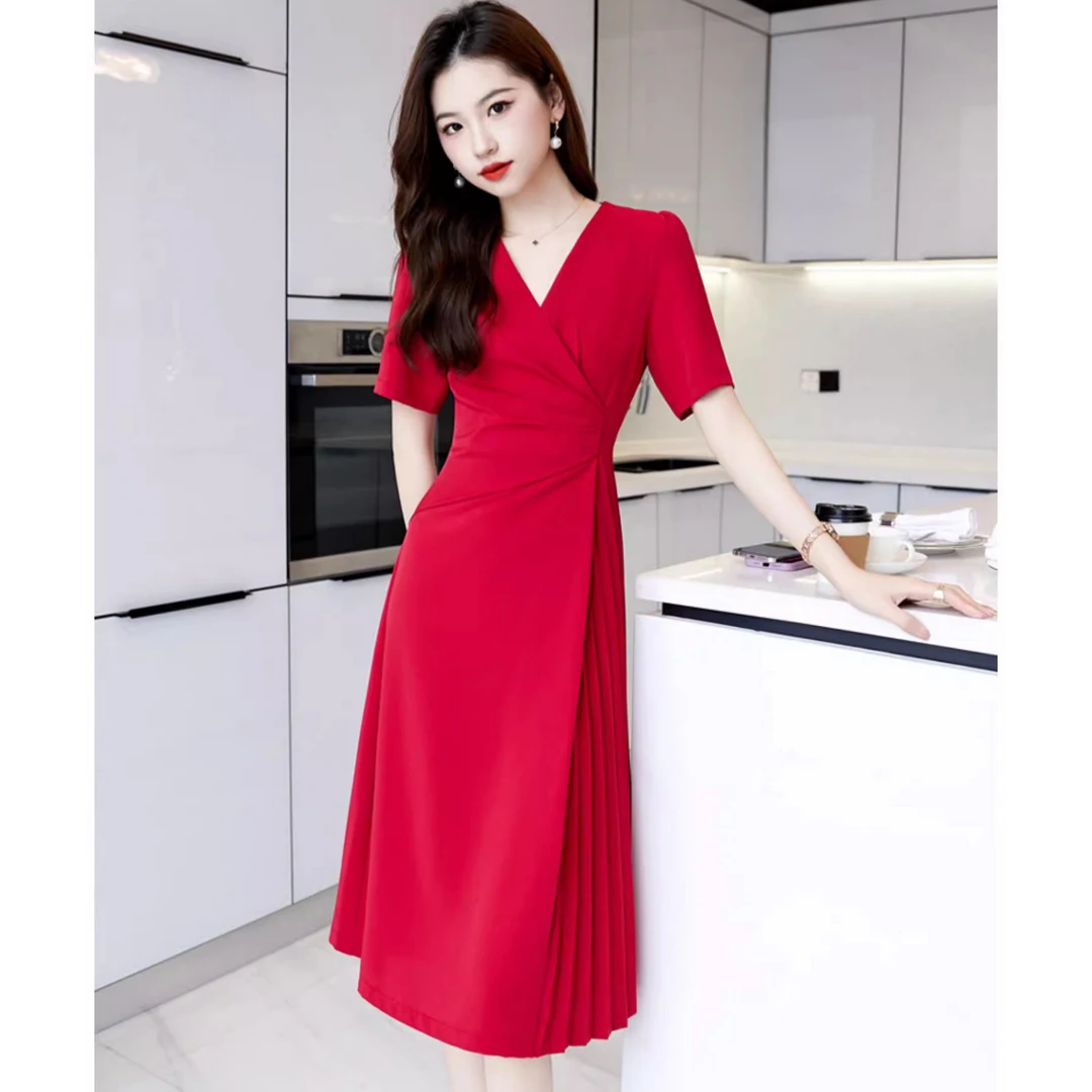 大码短袖红色连衣裙女夏季新款胖妹妹遮肉显瘦时尚气质收腰中长裙