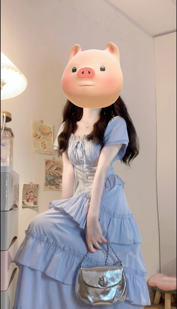 常规拼接夏季圆领方领大码连衣短袖高腰成人巨显瘦藏肉连衣裙