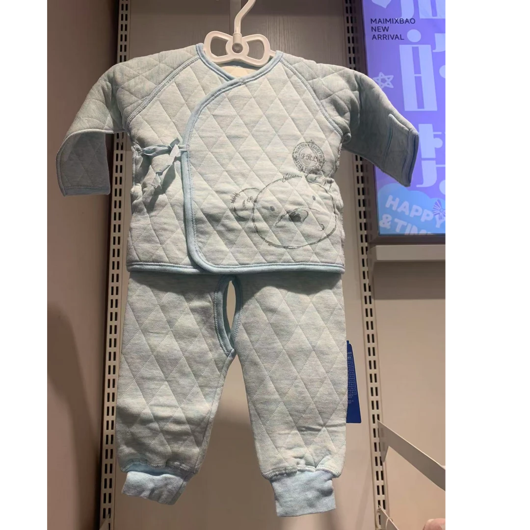 【清仓】全棉适爱婴儿冬熊小宝保暖布偏襟开裆套装反季蓝色儿童男宝