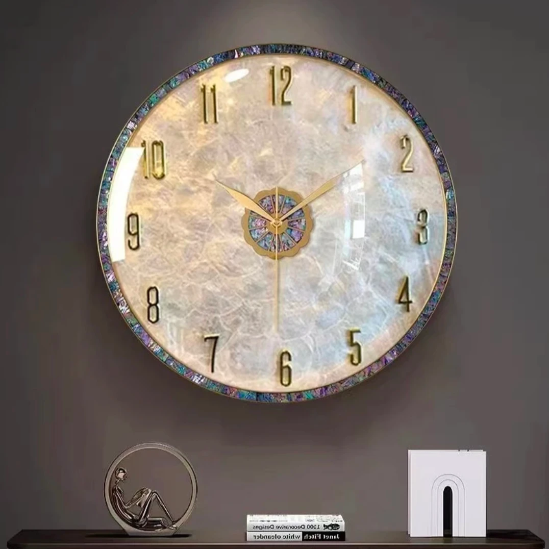 黄铜贝壳挂钟客厅静音装饰挂墙时钟简约家用静音挂钟