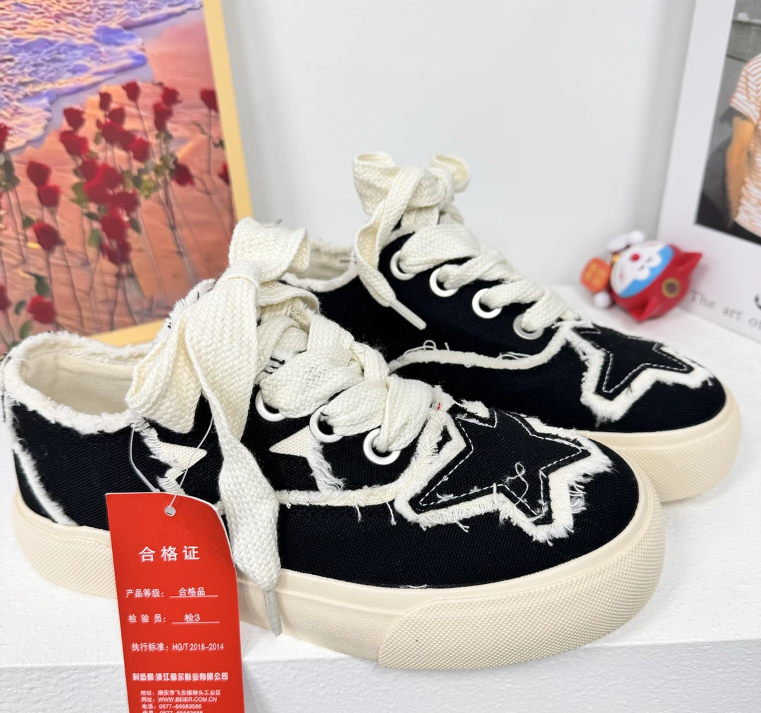 BE-6523黑色 帆布鞋女2025夏季新款休闲鞋百搭复古显瘦板鞋小白鞋