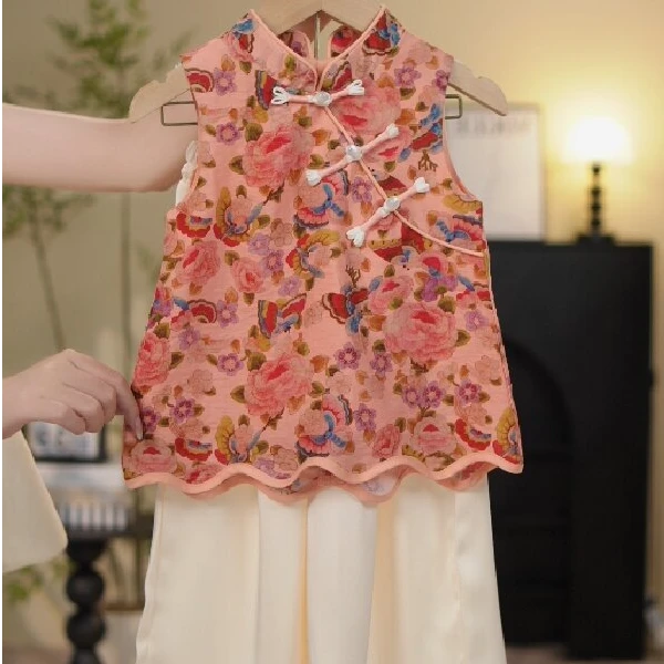 【MU&SEN】2025新款夏季国风美学女童复古盘扣无袖套装