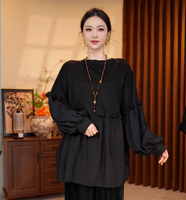 156/拼接卫衣休闲风女复古休闲纯色灯笼袖黑色秋季百搭