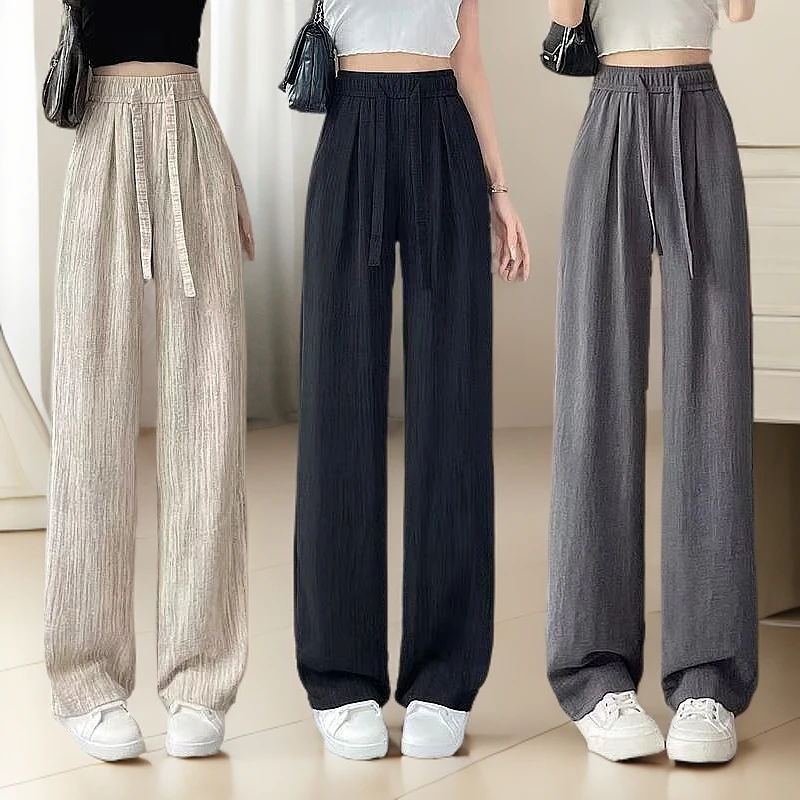 夏季新款高腰冰丝阔腿裤女款显瘦抽绳肌理感印花美式休闲拖地裤子