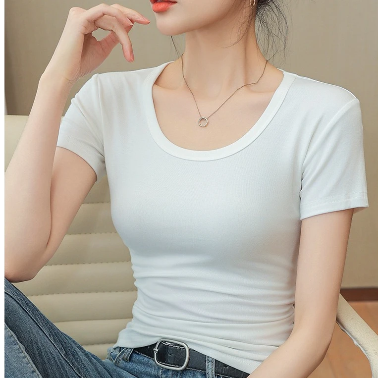 夏季新款螺纹T恤休闲短袖U领体桖2025纯欲风正肩打底上衣辣妹衣服