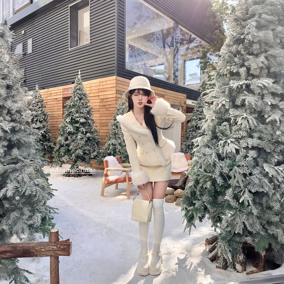 北岛樱雪/海军领收腰毛呢外套半身裙套装女冬季气质两件套