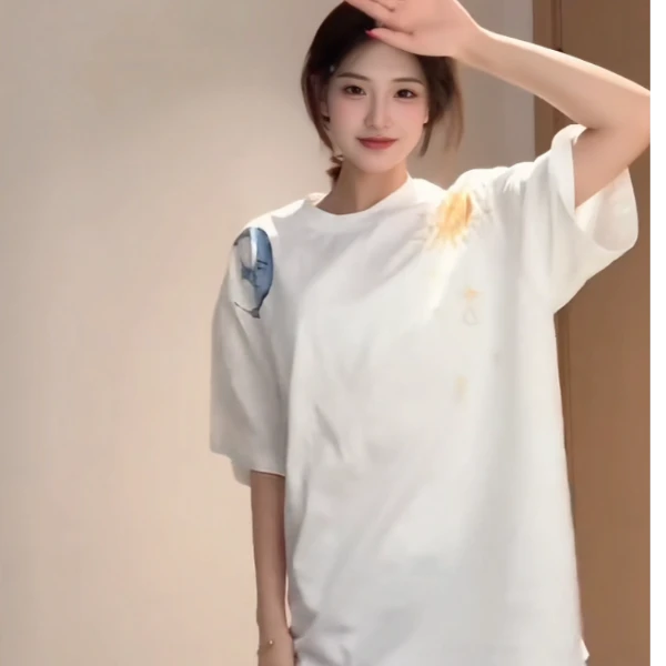 美式小众设计太阳印花纯棉宽松短袖T恤夏季白色百搭圆领学生上衣