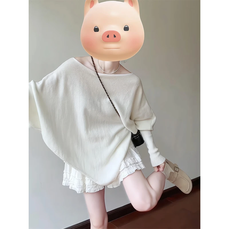 针织衫斜肩一字领两穿遮肉纯色上衣白色蛋糕短裙蓬蓬半身裙a字裙