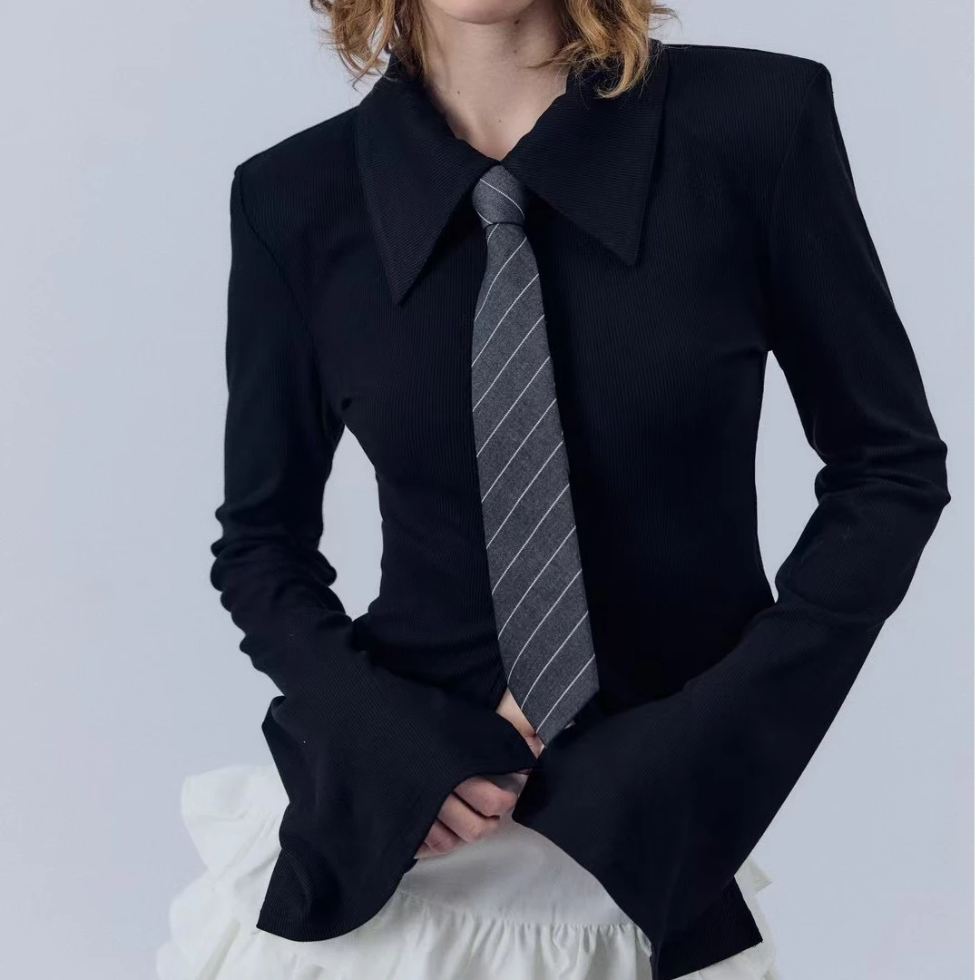 DA-J春款新款设计感隐形拉链 两穿 显瘦打底高弹力衬衫