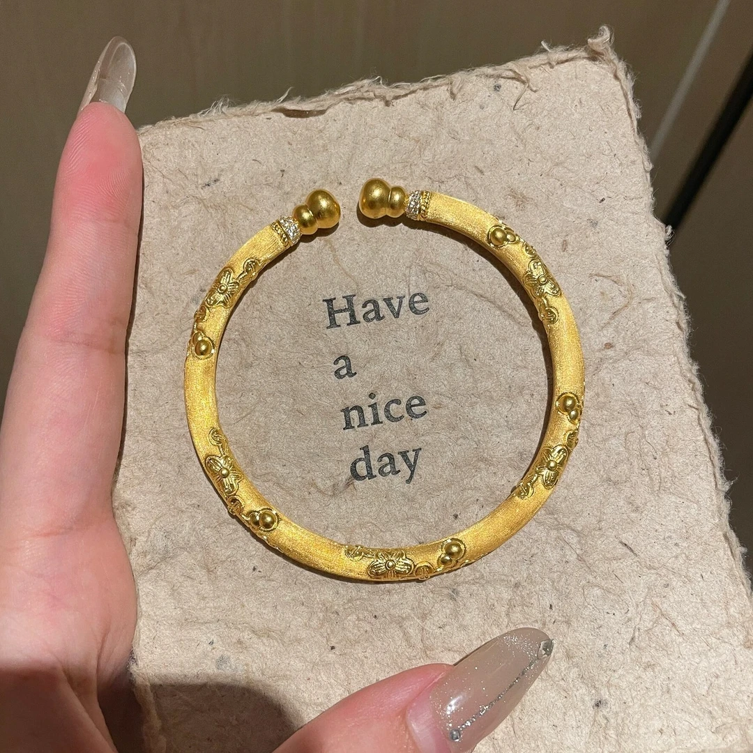 铜合金手镯 古法金色拉丝樱花双头葫芦手镯复古轻奢高级感手饰女