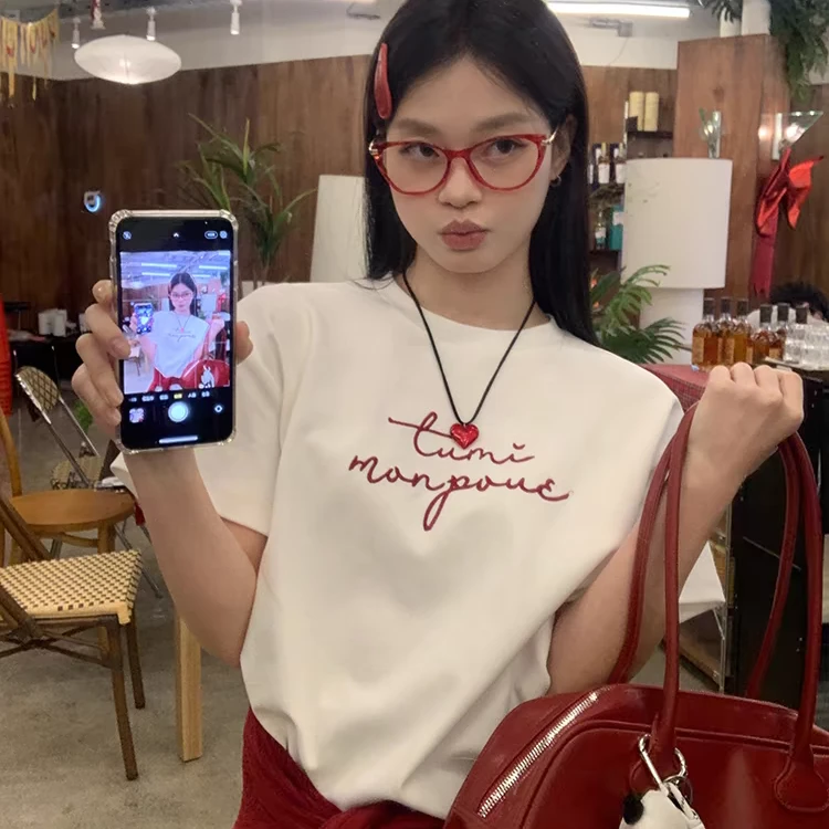 【220克纯棉】设计感夏季韩版T恤上衣女字母印花短袖女宽松日系bf