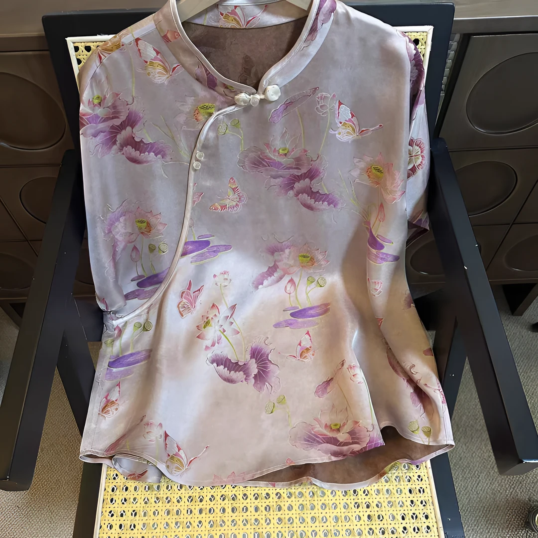 桑蚕丝香云纱短款常规款常规宽松型立领T恤提花印花中国风时尚