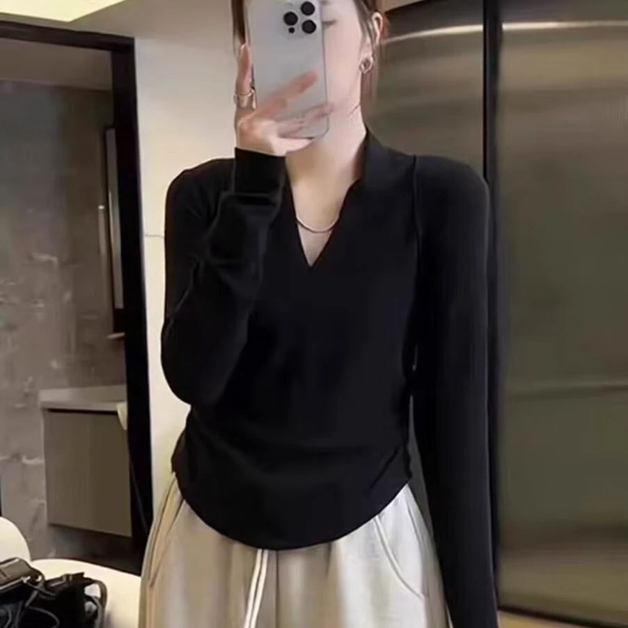 2025设计感V领褶皱收腰显瘦上衣