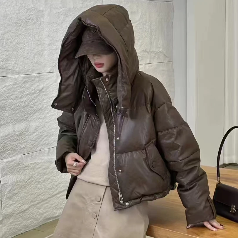连帽皮面棉服保暖外套女冬季新款时尚减龄上衣#2097