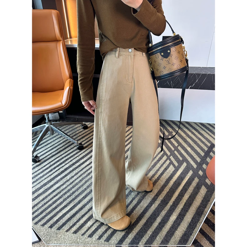 慵懒风卡其色立体侧骨加绒牛仔裤女秋冬新款梨形宽松显瘦阔腿长裤