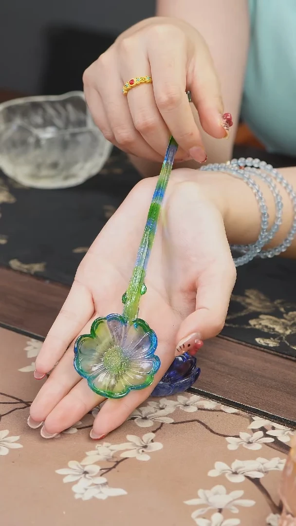 手工艺品琉璃蓝绿色花朵茶匙