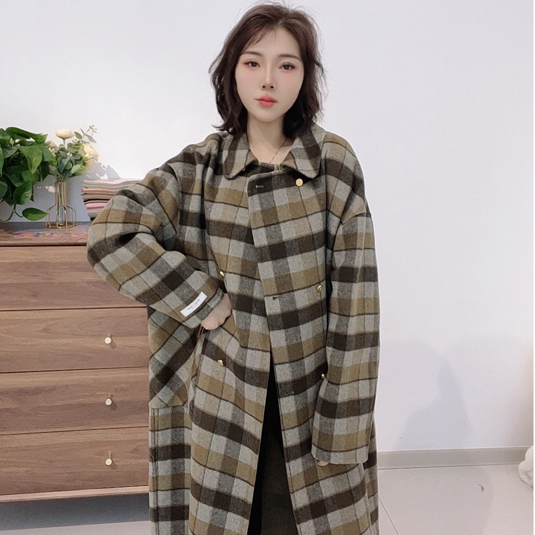 （10037）鄂市产地 复古格子设计感宽松双排扣长款外套