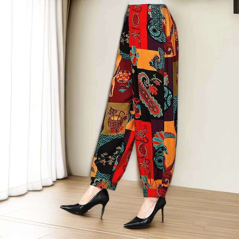 中老年妈妈棉绸裤夏季阔腿花裤子女休闲宽松广场舞民族风灯笼裤女