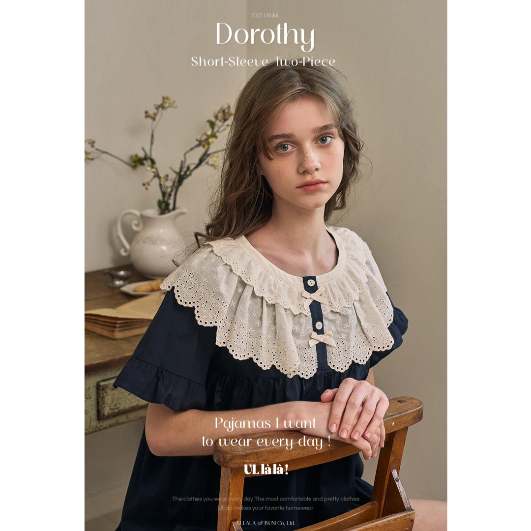 【野子家】韩国UL家/2025夏季短袖娃娃领藏蓝甜美家居服套装25162
