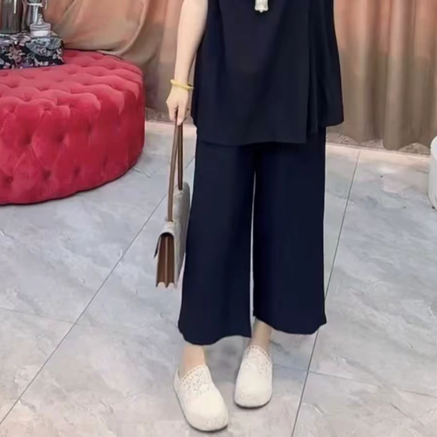 D9993时尚简约休闲百搭纯色阔腿八分裤