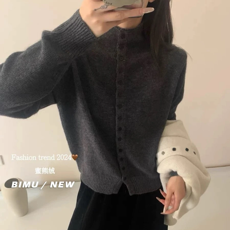 韩系软糯针织开衫女冬季新款2024年秋冬时尚百搭打底毛衣外套立领