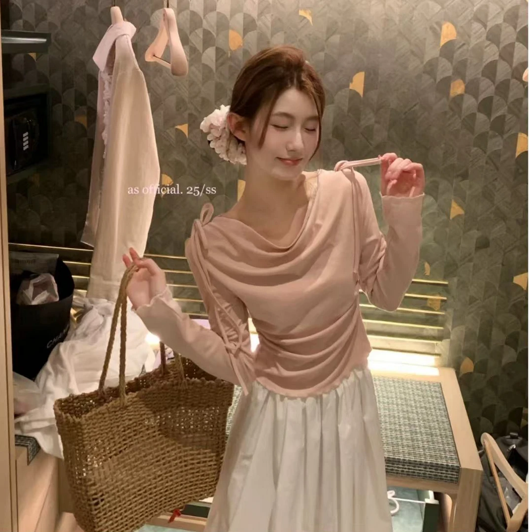 1302-法式甜美系带蝴蝶结褶皱小衫