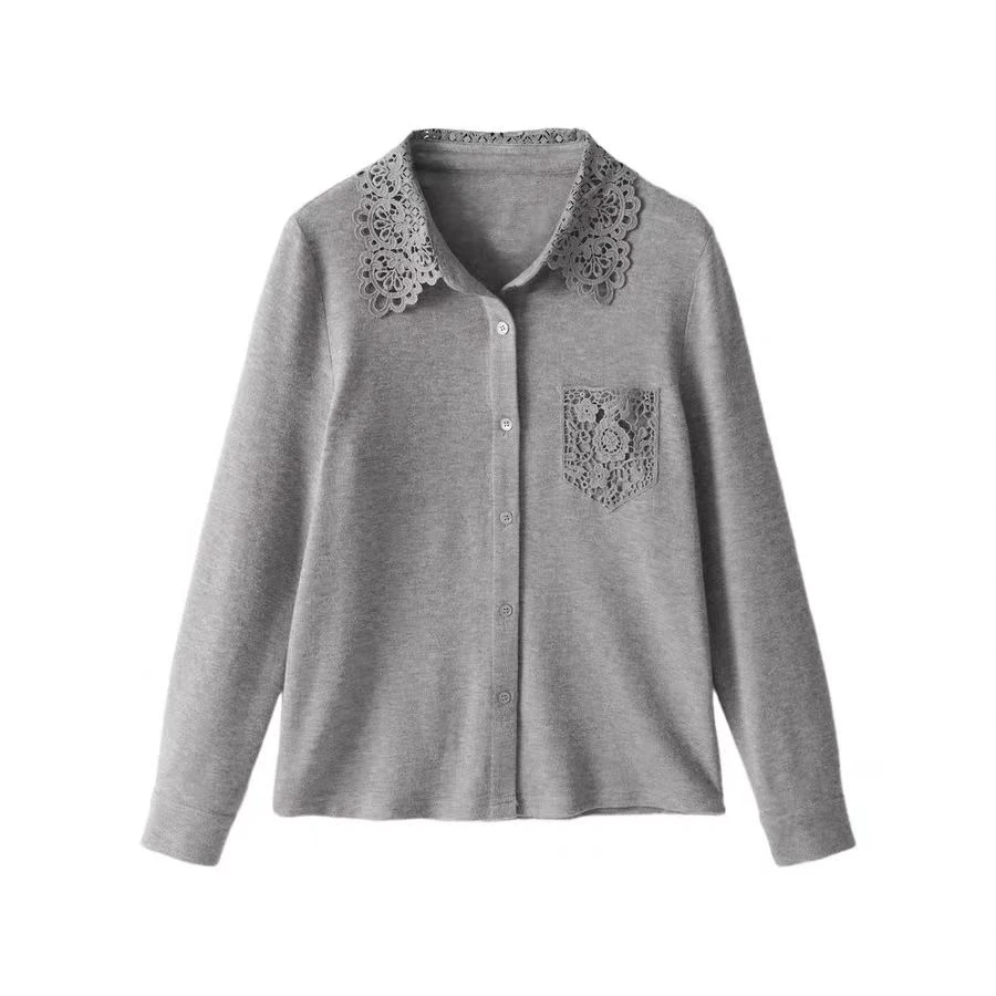GXO女装 翻领针织衬衣女2025年秋冬新款镂空钩花蕾丝拼接WT0137