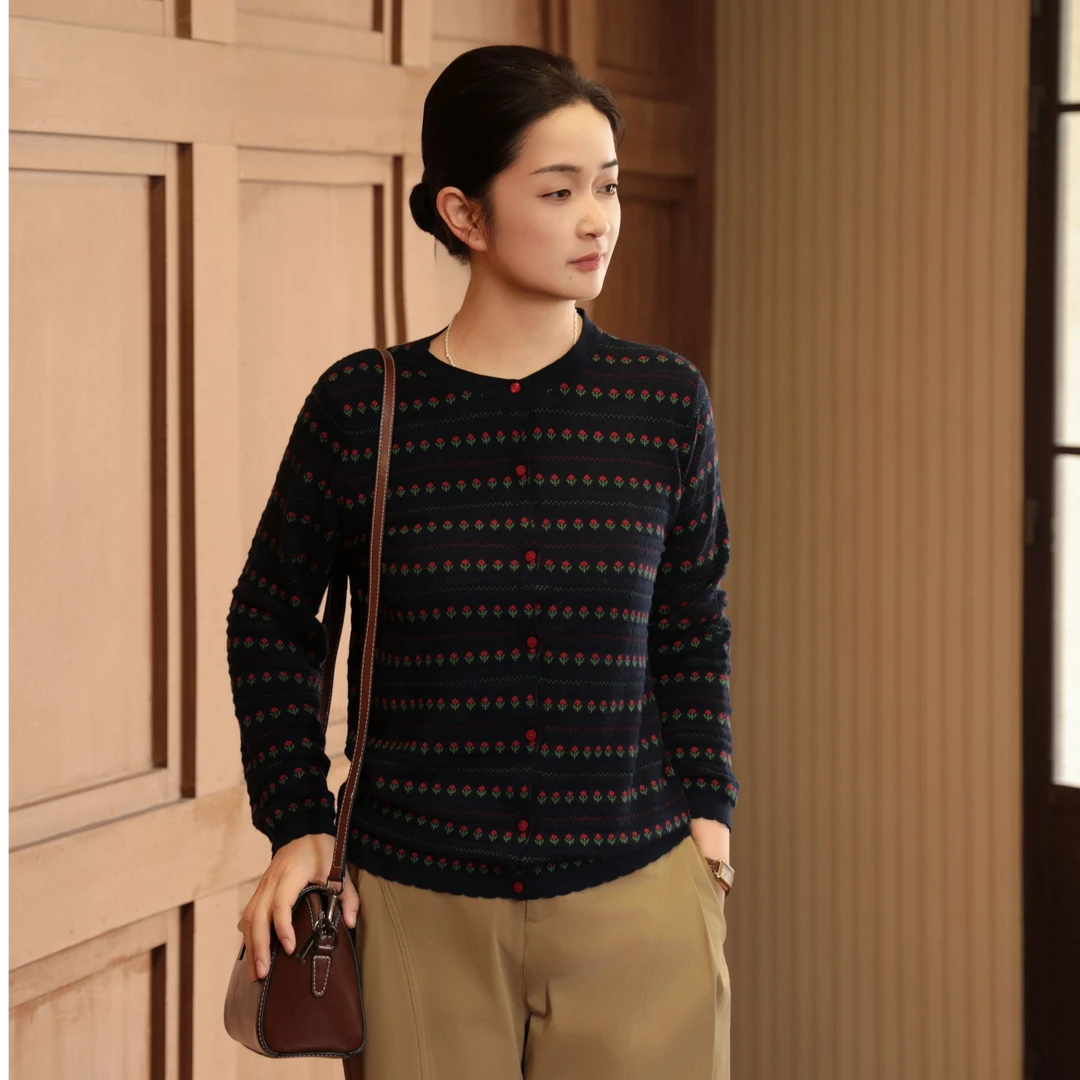 麻享【小花圃】羊毛巨软减龄针织开衫时尚百搭休闲毛衣FSY50868