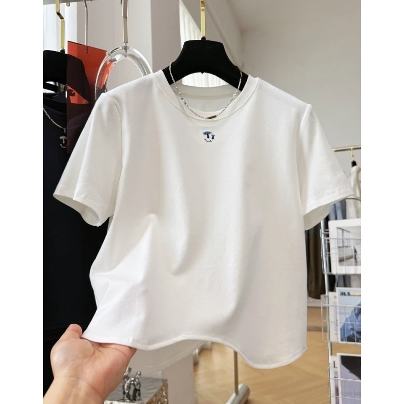 K09759韩系减龄小蘑菇刺绣短袖T恤女春季半袖短款打底衫内搭上衣