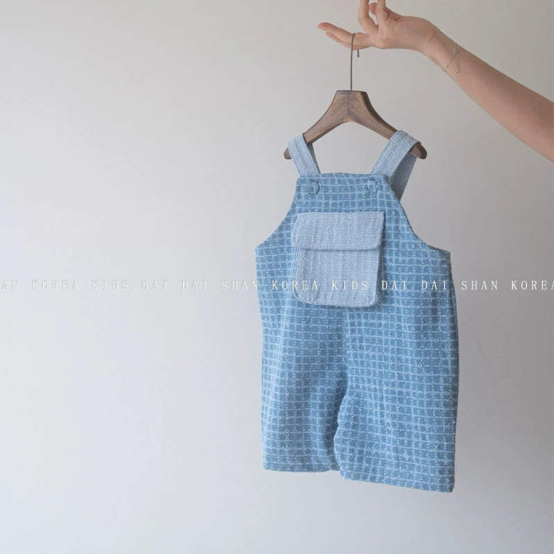 No no2025夏季新款男女童时髦拼接格子口袋宽松背带裤