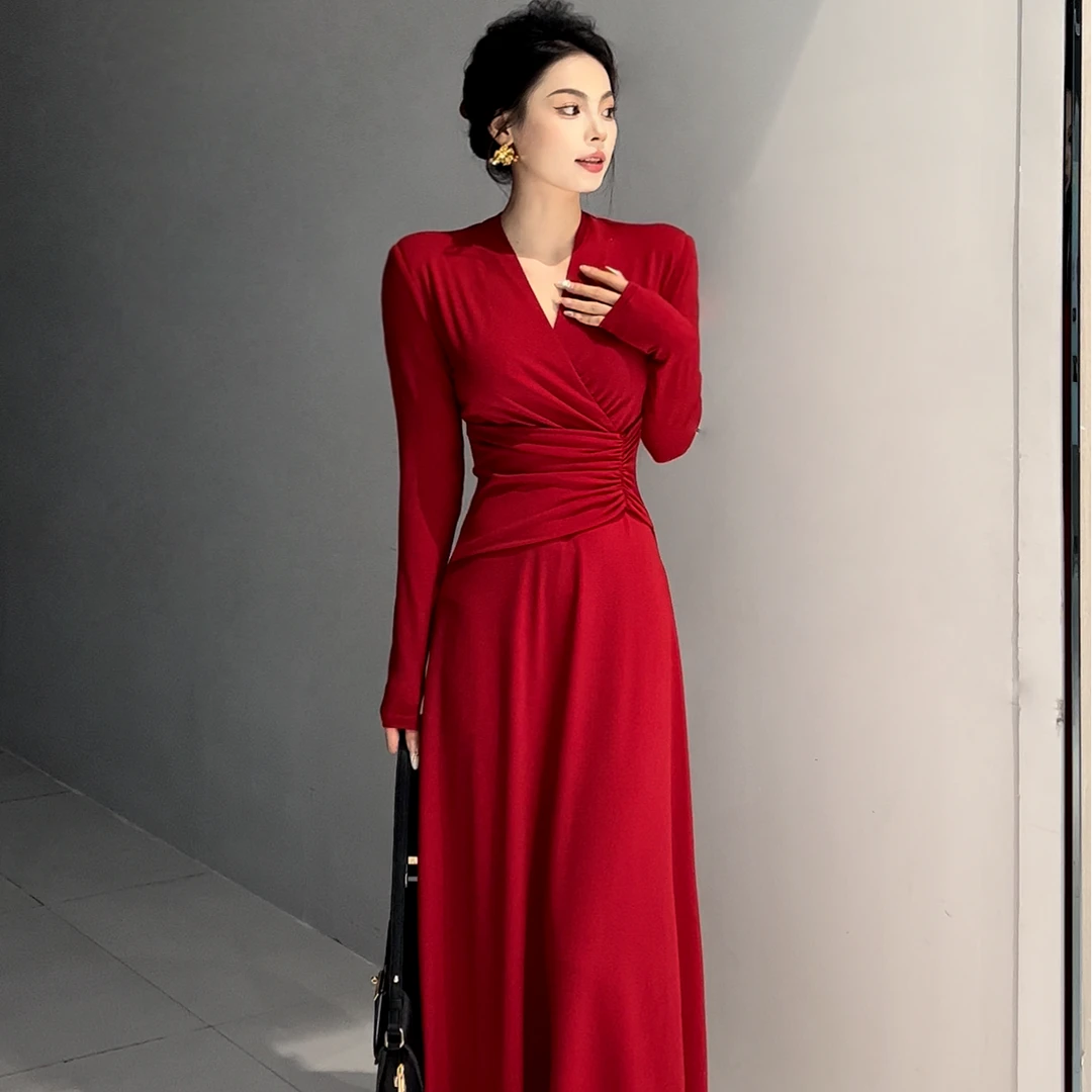 新款收腰气质时尚连衣裙长袖大摆A字裙长款优雅长裙秋季女装裙子