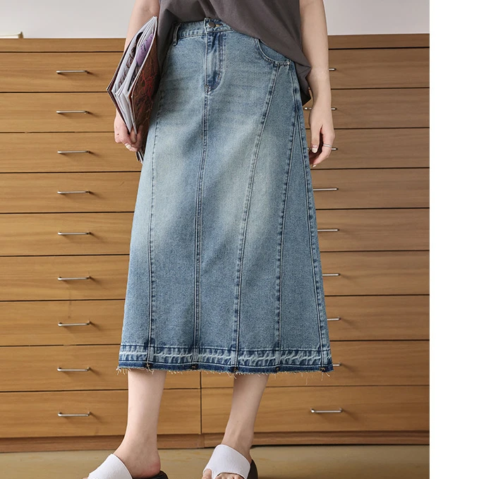 【宠粉回馈】马西西大码女装【丹宁街头时装周】水洗牛仔分割鱼尾半裙