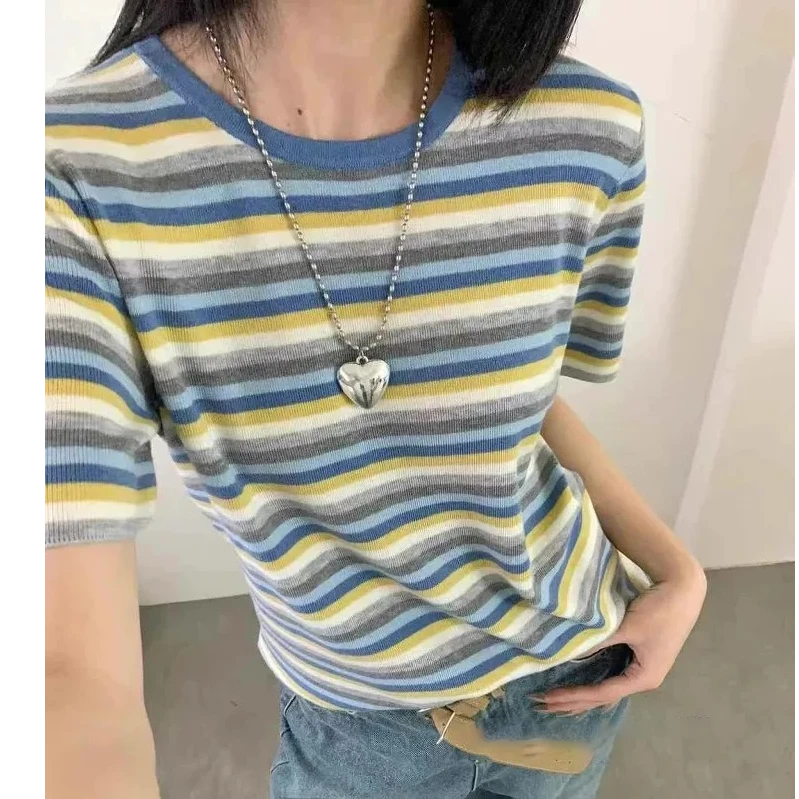限量浮力！夏季圆领套头撞色彩条短袖针织T恤 NQ-014