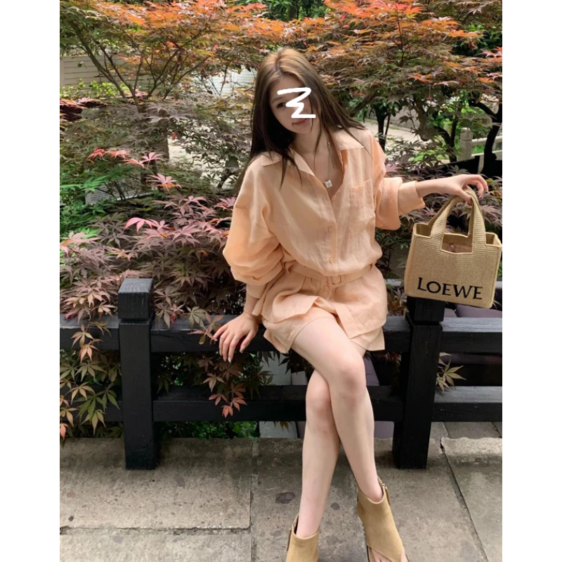 法式气质衬衫短裤套装女夏季新款慵懒翻领衬衫配腰带防晒套装