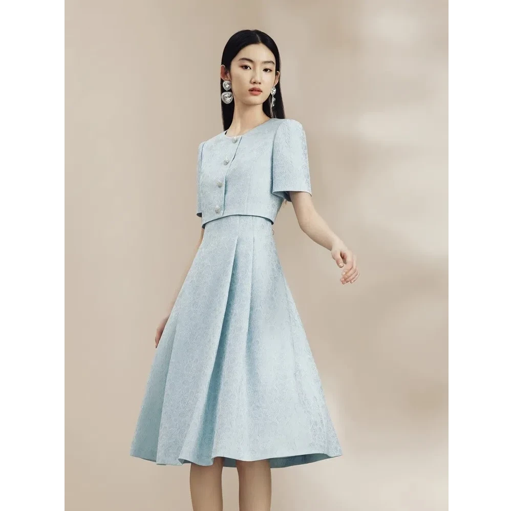 【纪朵研】0770法式优雅假两件连衣裙水蓝色2024新款大裙摆裙子